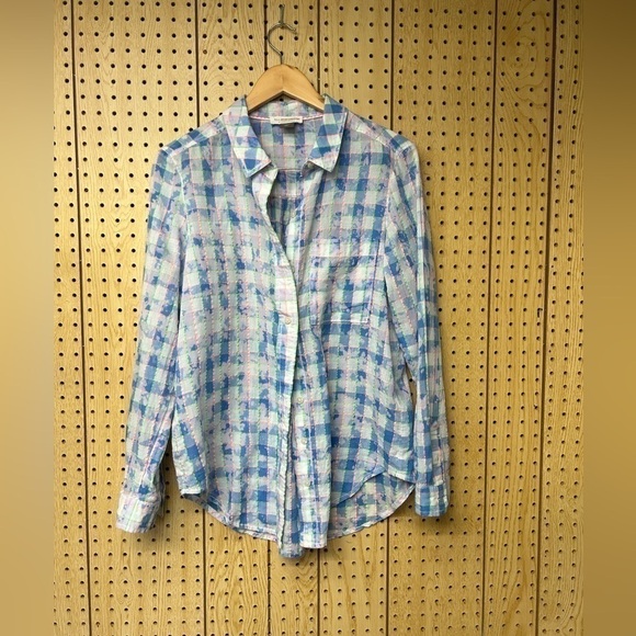 Anthropologie Pilcro and the Letterpress Blue Tie Dye Neon Plaid Button Down Top - Picture 2 of 7